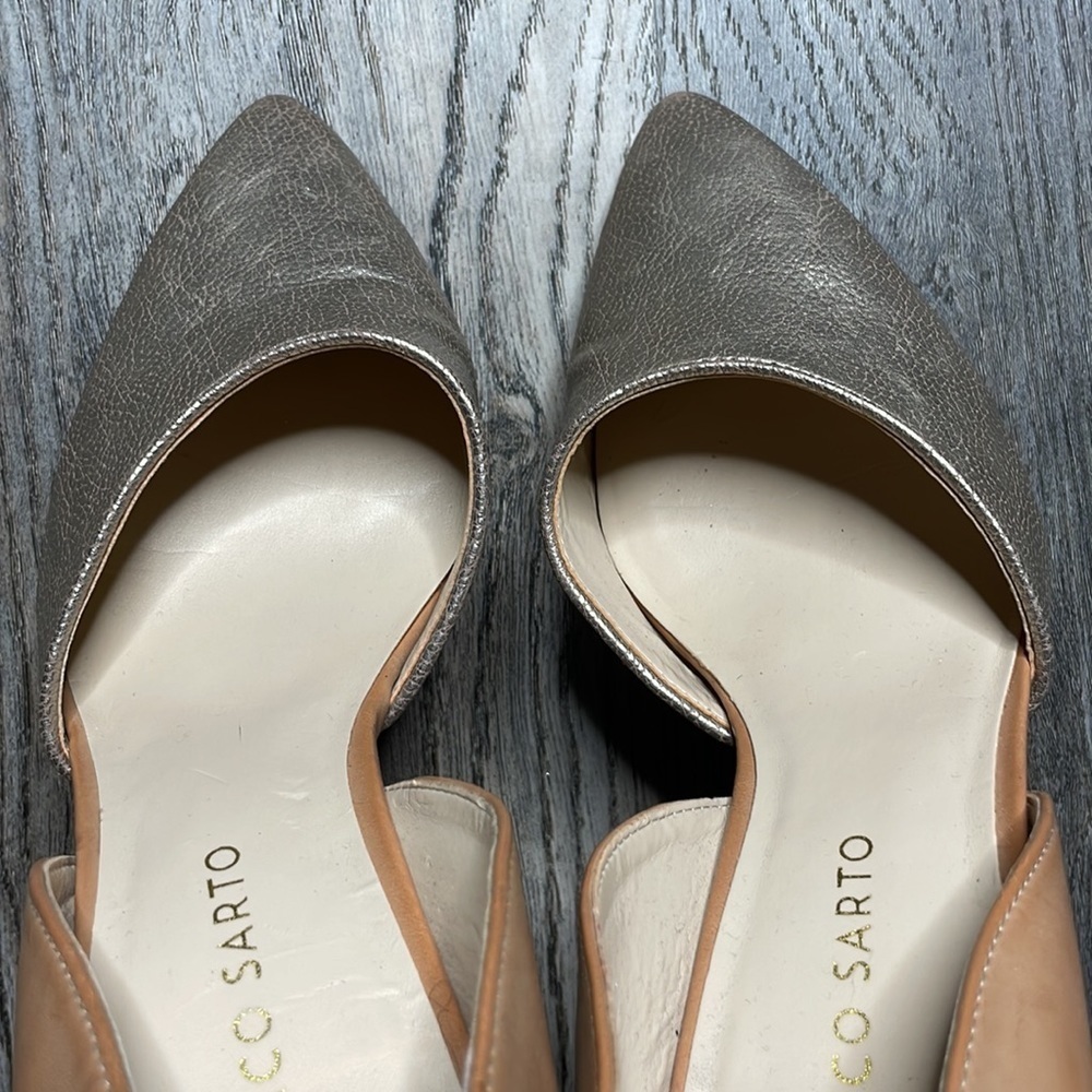 Franco Sarto Arrow Tan & Gold Metallic Leather D’Orsay High Heels, size 8 - Picture 6 of 8